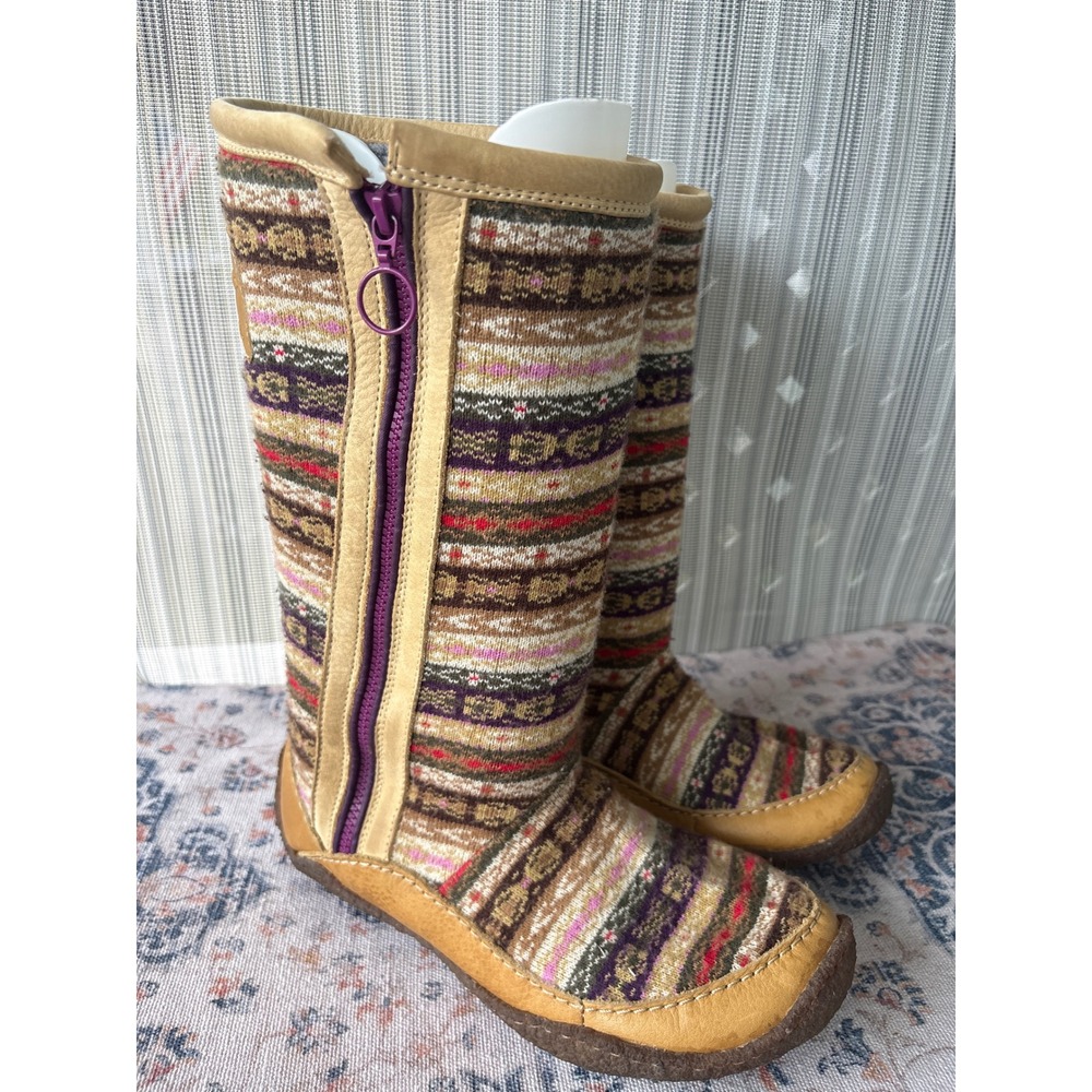 Sorel Norquay Sweater Fair Isle Knit Leather Boots Brown Purple Womens 10